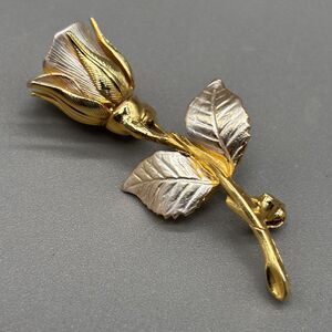 Vintage Signed Rose Brooch Gold Silver Tone Long Stem Floral Pin Giovanni Style